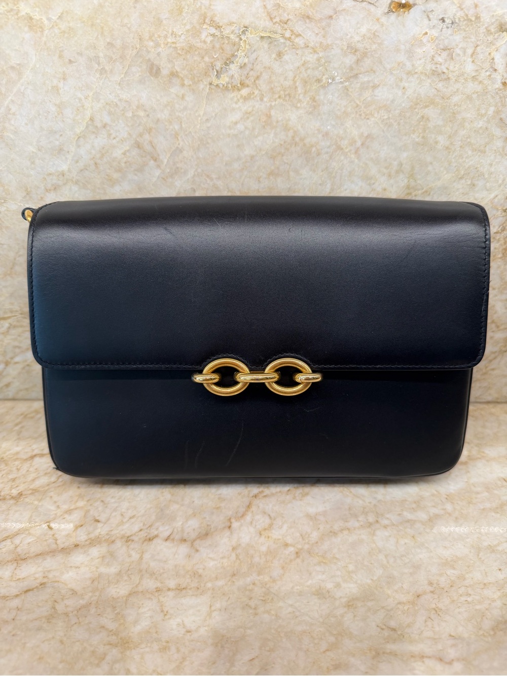 Saint Laurent Black Leather Shoulder Bag with Gold Chain Accent